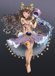 Rule 34 | 1girl, anklet, aquarius (zodiac), armlet, bad id, bad pixiv id, barefoot, bracelet, brown hair, feet, full body, gradient background, holding, jewelry, long hair, looking at viewer, mole, mole under mouth, nail polish, navel, one eye closed, open mouth, original, pinb, red eyes, skirt, smile, solo, toenail polish, toenails, water, zodiac
