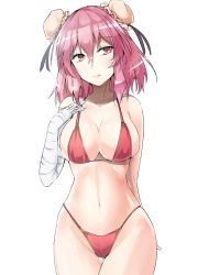 Rule 34 | 1girl, arm behind back, bandaged arm, bandages, bare arms, bare shoulders, bikini, black ribbon, blush, breasts, bun cover, cameltoe, collarbone, commentary request, cowboy shot, double bun, gluteal fold, groin, hair between eyes, hair bun, hand up, head tilt, highres, ibaraki kasen, large breasts, lips, looking at viewer, navel, pink eyes, pink hair, pink lips, red bikini, ribbon, shiny skin, short hair, simple background, solo, standing, stomach, swimsuit, thighs, touhou, white background, y2