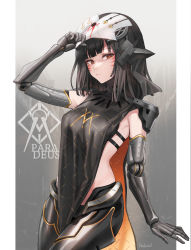 Rule 34 | 1girl, beruko14, black hair, brown eyes, closed mouth, cyborg, facial mark, girls&#039; frontline, grey background, highres, looking at viewer, mechanical arms, mechanical legs, medium hair, nyto (girls&#039; frontline), paradeus, solo