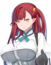 Rule 34 | 1girl, bera, breasts, buttons, commentary request, gloves, hair ribbon, highres, long hair, pointy ears, red hair, ribbon, shiki (psychedelic g2), side ponytail, skirt, yellow eyes, youkai ningen bem