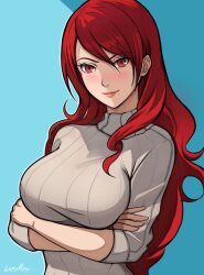 Rule 34 | 1girl, alternate costume, arms up, artist name, blue background, blush, breasts, closed mouth, commentary, english commentary, eyelashes, grey sweater, hair between eyes, kirijou mitsuru, large breasts, lepypepy, lips, long hair, long sleeves, looking at viewer, parted bangs, persona, persona 3, red eyes, red hair, ribbed sweater, shadow, sidelocks, smile, solo, sweater, turtleneck, turtleneck sweater, two-tone background, upper body