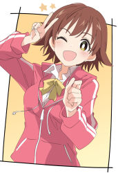Rule 34 | 1girl, ;d, blush, bow, bowtie, brown hair, honda mio, idolmaster, idolmaster cinderella girls, ixy, jacket, long sleeves, looking at viewer, one eye closed, open mouth, pink jacket, school uniform, short hair, smile, solo, track jacket, two-tone background, v, white background, yellow background, yellow bow, yellow bowtie, yellow eyes