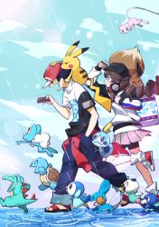 Rule 34 | 1boy, 1girl, ^ ^, absurdres, baseball cap, bike shorts, bike shorts under skirt, black hair, brown hair, closed eyes, closed mouth, cloud, commentary request, creatures (company), day, eevee, froakie, from side, game freak, gen 1 pokemon, gen 2 pokemon, gen 3 pokemon, gen 4 pokemon, gen 5 pokemon, gen 6 pokemon, gen 8 pokemon, gotcha!, gotcha! boy (pokemon), gotcha! girl (pokemon), grey skirt, hand on headwear, hat, highres, holding, jacket, leg up, legendary pokemon, long hair, mew (pokemon), mudkip, multi-tied hair, mythical pokemon, nemoto yuuma, nintendo, on head, open mouth, oshawott, outdoors, pants, pikachu, piplup, pleated skirt, pokemon, pokemon (creature), pokemon on head, rain, red footwear, red headwear, ripples, sandals, shirt, short hair, short sleeves, skirt, sky, smile, sobble, squirtle, standing, standing on one leg, totodile, water, zipper