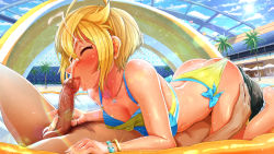 Rule 34 | 1boy, 1girl, 69, ahoge, ass, bikini, bikini bottom aside, black hair, blonde hair, blue sky, blush, breasts, butt crack, censored, cleavage, closed eyes, clothed female nude male, clothing aside, cloud, cum, cunnilingus, day, ejaculation, erection, facial, fellatio, girl on top, happy sex, hetero, highres, ibuki tsubasa, idolmaster, idolmaster million live!, idolmaster million live! theater days, jewelry, kilesha, licking, lying, medium breasts, mosaic censoring, necklace, nude, on back, open mouth, oral, outdoors, panties, panties aside, penis, pool, poolside, pubic hair, saliva, sex, short hair, sky, swimsuit, tongue, tongue out, tree, underwear, veins, veiny penis, wet