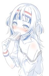 Rule 34 | 1girl, bare shoulders, blush, commentary, eating, english commentary, food, gawr gura, hair ornament, headband, highres, hitsukuya, holding, holding food, hololive, hololive english, long hair, looking at viewer, monochrome, multicolored hair, off shoulder, popsicle, shirt, short sleeves, simple background, solo, streaked hair, sweat, sweatband, two side up, upper body, virtual youtuber, white background, wristband