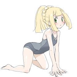 Rule 34 | 1girl, all fours, barefoot, blonde hair, blush, collarbone, creatures (company), full body, game freak, green eyes, highres, lillie (pokemon), long hair, looking at viewer, nagitaro, nintendo, one-piece swimsuit, pokemon, pokemon sm, ponytail, school swimsuit, simple background, sketch, solo, sweatdrop, swimsuit, white background