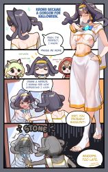Rule 34 | 1girl, 3girls, @ @, absurdres, alternate costume, animal ears, bell, blue eyes, bracelet, breasts, cat ears, ceres fauna, chibi, cleavage cutout, closed eyes, clothing cutout, english text, fake animal ears, feet, gem, gold, highres, hololive, hololive english, hood, hoodie, inner sideboob, jewelry, large breasts, looking at mirror, looking back, medusa (mythology), mirror, multiple girls, nails, nanashi mumei, narcissism, ouro kronii, petrification, pompmaker1, red hood, ring, skirt, snake, snake hair, speech bubble, statue, toe ring, toeless legwear, toes, veil, virtual youtuber