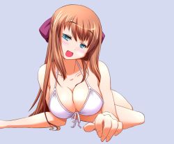 Rule 34 | 1girl, artist request, bikini, bikini top only, blue eyes, blush, bow, breasts, brown hair, cleavage, foreshortening, front-tie top, half updo, hanamaru youchien, large breasts, long hair, naughty face, non-web source, open mouth, solo, swimsuit, white bikini, yamamoto nanako