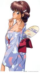 Rule 34 | 1990s (style), 1996, 1girl, black eyes, brown hair, copyright notice, dated, hair ornament, hairclip, hand fan, highres, japanese clothes, kimono, long sleeves, pc engine fan, retro artstyle, solo, takada akemi, white background