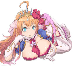 Rule 34 | 1girl, arm support, blue eyes, breasts, cleavage, dress, gloves, hair ornament, highres, large breasts, long hair, looking at viewer, lying, on stomach, orange hair, pecorine (princess connect!), princess connect!, smile, tagme, tiara, tongue, tongue out, tukemen gyokai