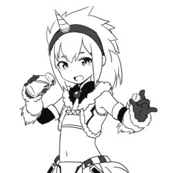 Rule 34 | 1girl, capcom, greyscale, kirin (armor), looking at viewer, monochrome, monster hunter (series), open mouth, simple background, smile, solo, white background, zaxwu