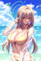 Rule 34 | 1girl, :d, absurdres, bikini, blonde hair, blue archive, blue sky, blush, breasts, cloud, cowboy shot, day, green eyes, halo, hand in own hair, highres, kimchi (user mpzz8457), large breasts, long hair, looking at viewer, navel, nonomi (blue archive), nonomi (swimsuit) (blue archive), ocean, open mouth, outdoors, see-through, see-through shirt, side-tie bikini bottom, sky, smile, solo, stomach, swimsuit, water, wet, wet hair, yellow bikini