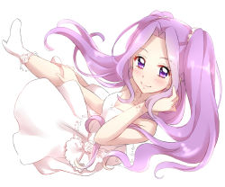 Rule 34 | 1girl, adjusting hair, aikatsu!, aikatsu! (series), alternate hairstyle, bare shoulders, blush, dress, flower, flower ornament, frilled dress, frills, full body, gloves, high heels, highres, jewelry, kanzaki mizuki, lipstick, long hair, looking at viewer, makeup, necklace, purple eyes, purple hair, rose, sekina, shoes, simple background, smile, solo, twintails, wedding dress, white background, white dress, white flower, white footwear, white gloves, white rose