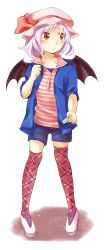 Rule 34 | 1girl, alternate costume, argyle, argyle clothes, argyle legwear, artistic error, bat wings, blush, casual, contemporary, female focus, hat, hat ribbon, jacket, light purple hair, makuwauri, open clothes, open jacket, patterned legwear, red eyes, remilia scarlet, ribbon, shirt, short hair, shorts, sleeves pushed up, solo, striped clothes, striped shirt, thighhighs, touhou, wings