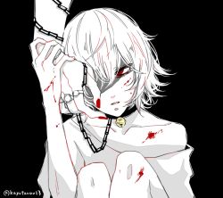 Rule 34 | 2boys, androgynous, awara kayu, bell, big madame (tokyo ghoul), black background, blood, blood on chest, blood on face, blood on leg, bracelet, chain, chained, collar, collarbone, commentary request, hand on another&#039;s face, jewelry, male focus, metal collar, multiple boys, neck bell, off shoulder, red eyes, ring, shirt, short hair, solo focus, spoilers, spot color, suzuya juuzou, tokyo ghoul, twitter username, upper body