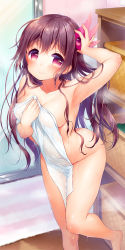 Rule 34 | 10s, 1girl, blush, breasts, brown hair, covering privates, crescent, crescent pin, kantai collection, kisaragi (kancolle), long hair, medium breasts, minami (apricot tea), naked towel, no panties, nude cover, purple eyes, smile, solo, steam, towel, wet