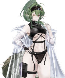 Rule 34 | 1girl, absurdres, arknights, bare shoulders, bikini, black bikini, breasts, coat, commentary, cowboy shot, crocodilian tail, gavial (arknights), green hair, groin, hand up, highres, long hair, looking at viewer, medium breasts, mou pl, navel, off shoulder, official alternate costume, open clothes, open coat, pointy ears, pouch, see-through, simple background, solo, standing, stomach, swimsuit, tail, thigh strap, thighs, visor cap, white background, yellow eyes