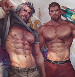 Rule 34 | 2boys, abs, absurdres, aenaluck, artist name, audec (aenaluck), bara, bare pectorals, beard, blonde hair, blue eyes, brown eyes, chest hair, closed mouth, clothes lift, facial hair, grey hair, grey pants, grey shirt, highres, holding, holding water gun, large pectorals, lifting own clothes, looking at viewer, male focus, male swimwear, manly, master (aenaluck), multiple boys, muscular, muscular male, navel, navel hair, nipples, original, pants, pectorals, red male swimwear, red swim trunks, shirt, shirt lift, short hair, smile, swim trunks, swimsuit, toy gun, water gun