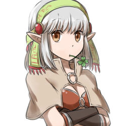 Rule 34 | 1girl, arms under breasts, bikini, breasts, brown capelet, brown eyes, brown gloves, capelet, cleavage, closed mouth, clover, commentary request, crossed arms, four-leaf clover, gloves, green hairband, grey hair, hairband, looking at viewer, mage (ragnarok online), medium breasts, mouth hold, natsuya (kuttuki), o-ring, o-ring bikini, pointy ears, ragnarok online, red bikini, short hair, simple background, solo, stalk in mouth, swimsuit, upper body, white background