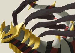Rule 34 | absurdres, black sclera, colored sclera, commentary request, creatures (company), from side, game freak, gen 4 pokemon, giratina, giratina (origin), grey background, highres, horns, illust bye, legendary pokemon, nintendo, no humans, pink eyes, pokemon, pokemon (creature), solo, spikes