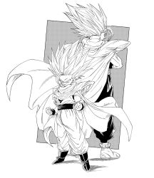 Rule 34 | 2boys, big hair, cape, clenched hands, closed mouth, dragon ball, dragon ball super, dragon ball super super hero, dragonball z, dual persona, fenyon, full body, gohan beast, greyscale, highres, light smile, male focus, monochrome, multiple boys, serious, son gohan, spiked hair, standing, super saiyan, super saiyan 2, wristband
