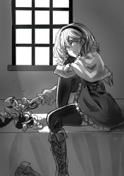 Rule 34 | 1girl, alice margatroid, boots, capelet, character doll, cross-laced footwear, crying, crying with eyes open, cutting, frills, greyscale, hairband, highres, kirisame marisa, koissa, lace-up boots, monochrome, parted lips, scissors, short hair, sitting, tears, touhou, unworn boots, window