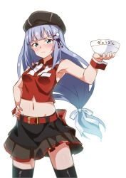 Rule 34 | 1girl, armpits, bare shoulders, belt, black skirt, black thighhighs, blue eyes, blue hair, blurry, blush, bow, bowl, breasts, closed mouth, cowboy shot, cropped shirt, depth of field, dot nose, dress bow, food, gyuudon, hair ornament, hairclip, hand on own hip, hand up, hat, highres, holding, holding bowl, idolmaster, idolmaster million live!, idolmaster million live! theater days, long hair, looking at viewer, low-tied long hair, medium breasts, navel, red belt, red bow, red shirt, red wrist cuffs, shiraishi tsumugi, shirt, shy, simple background, skirt, sleeveless, sleeveless shirt, solo, standing, sukiya, thighhighs, v-shaped eyebrows, very long hair, wavy mouth, white background, wrist cuffs, yuukyan (ucan85), zettai ryouiki