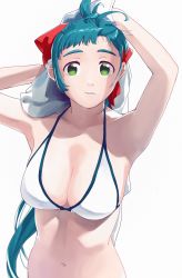 Rule 34 | 1girl, absurdres, ahoge, arms up, bad id, bad twitter id, bikini, blue hair, breasts, cleavage, drying, drying hair, green eyes, hair ribbon, highres, holding, holding towel, irako (kancolle), kantai collection, long hair, medium breasts, navel, ojipon, parted lips, ponytail, ribbon, simple background, solo, swimsuit, towel, white background, white bikini