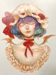 Rule 34 | 1girl, bat wings, bow, choker, closed eyes, closed mouth, collarbone, commentary request, cropped shoulders, eyebrows hidden by hair, frills, grey background, hat, hat bow, highres, johnalay, lips, mob cap, neck ribbon, nose, pink hat, purple hair, realistic, red bow, red choker, red ribbon, remilia scarlet, ribbon, short hair, simple background, solo, swept bangs, touhou, traditional media, wings