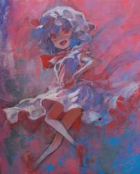 Rule 34 | 1girl, ama-tou, blue hair, breasts, dress, from behind, full body, hair between eyes, happy, hat, looking at viewer, looking back, medium breasts, mob cap, open mouth, puffy short sleeves, puffy sleeves, red background, red eyes, red footwear, remilia scarlet, shoe soles, short sleeves, simple background, solo, touhou