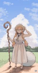 Rule 34 | 1girl, 1other, absurdres, arm up, braid, brown hair, dated, day, dress, elf, glasses, grass, hadashi no kenji, hat, highres, holding, holding staff, long hair, looking at viewer, loud, orb, outdoors, pointy ears, sandals, see-through, sketch, sleeveless, sleeveless dress, staff, standing, sun hat, tanken hakken boku no isekai elf-san, thick eyebrows, toeless footwear, twin braids, twintails, very long hair, white dress