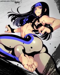 Rule 34 | 1girl, alternate color, alternate costume, alternate hairstyle, blue eyes, blue nails, evil smile, feet, fighting stance, fishine, han juri, leg up, long hair, looking at viewer, multicolored hair, nail polish, no shoes, player 2, sleeveless, smile, soles, solo, street fighter, street fighter v, toeless legwear, toes, toned, two-tone hair