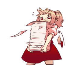 Rule 34 | 1girl, blonde hair, cowboy shot, dress, flandre scarlet, heavy, holding, holding paper, medium hair, paper, paper stack, ponytail, puffy sleeves, red dress, red eyes, short sleeves, simple background, solo, touhou, white background, yoruny