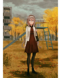 Rule 34 | 1girl, autumn leaves, bag, black footwear, black pantyhose, blush, boots, breasts, building, chihuri, closed mouth, cloud, cloudy sky, collared dress, day, dress, grey eyes, hair between eyes, hairband, handbag, highres, jacket, light brown hair, long hair, long sleeves, looking at viewer, open clothes, open jacket, original, outdoors, overcast, pantyhose, pleated dress, red dress, renata alekseevna tsvetaeva, shoulder bag, sidelocks, sky, slide, small breasts, solo, standing, tree, very long hair, white hairband, white jacket, window