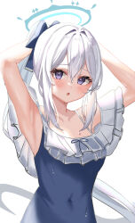 Rule 34 | 1girl, armpits, arms behind head, bare arms, bare shoulders, blue archive, blue halo, blue one-piece swimsuit, blush, frilled one-piece swimsuit, frills, grey hair, hair between eyes, halo, highres, long hair, miyako (blue archive), miyako (swimsuit) (blue archive), official alternate costume, one-piece swimsuit, open mouth, ponytail, purple eyes, simple background, solo, swimsuit, upper body, white background, yomi 46neko