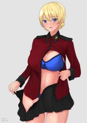Rule 34 | 1girl, absurdres, black skirt, blonde hair, blue bra, blue eyes, blue panties, blush, bow, bow bra, bra, braid, breasts, cleavage, clothes lift, clothes pull, commentary, cowboy shot, darjeeling (girls und panzer), dated, epaulettes, girls und panzer, grey background, highres, irukatto, jacket, jacket lift, large breasts, lifted by self, long sleeves, looking at viewer, military, military uniform, miniskirt, mole, mole on breast, open clothes, open mouth, open skirt, panties, partially unbuttoned, pleated skirt, pulled by self, red jacket, short hair, simple background, skirt, skirt pull, smile, solo, st. gloriana&#039;s military uniform, standing, sweatdrop, twin braids, twitter username, underwear, undressing, uniform