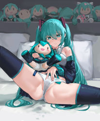 Rule 34 | 1girl, absurdres, aqua eyes, aqua hair, aqua necktie, black sleeves, black thighhighs, boots, character doll, closed mouth, detached sleeves, doll, grey shirt, hand on own crotch, hatsune miku, headset, highres, holding, holding doll, long hair, looking at viewer, magical mirai miku, magical mirai miku (2020 winter), necktie, number tattoo, on bed, panties, pillow, sawkm, shirt, sleeveless, sleeveless shirt, smile, solo, spread legs, stuffed toy, tattoo, thigh boots, thighhighs, thighs, twintails, underwear, very long hair, vocaloid