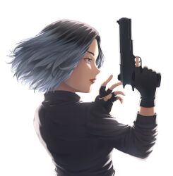 Rule 34 | 1girl, absurdres, aiming up, black eyes, black gloves, black hair, black shirt, blander mc, blue eyes, blue hair, commentary, commission, english commentary, fingerless gloves, from side, gloves, gradient eyes, gradient hair, gun, handgun, highres, holding, holding gun, holding weapon, m1911, multicolored eyes, multicolored hair, original, parted bangs, profile, red lips, shirt, short hair, solo, two-tone hair, upper body, weapon, white background