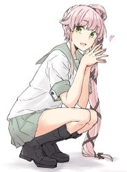 Rule 34 | 1girl, black footwear, boots, green eyes, grey sailor collar, grey skirt, hair flaps, hair ribbon, heart, kantai collection, knee boots, long hair, looking at viewer, open mouth, pink hair, pleated skirt, ribbon, rindou (rindou annon), sailor collar, school uniform, serafuku, short sleeves, simple background, skirt, solo, squatting, very long hair, white background, yura (kancolle)
