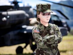 Rule 34 | 1girl, ah-64 apache, aircraft, american flag, brown eyes, brown hair, camouflage, camouflage headwear, camouflage jacket, crossed arms, freckles, hair bun, hat, helicopter, highres, insignia, jacket, mg g, military, military hat, military rank insignia, military uniform, military vehicle, name tag, original, outdoors, patch, field cap, shoulder patch, uniform, united states army
