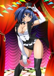 Rule 34 | 00s, 1girl, bare legs, bashoku youjou, black thighhighs, blue hair, breasts, card, cleavage, coattails, collar, collarbone, elbow gloves, female focus, gloves, hat, holding, ikkitousen, indoors, large breasts, leotard, long hair, looking at viewer, mini hat, purple eyes, short twintails, smile, solo, standing, thighhighs, twintails, white gloves