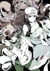 Rule 34 | 1boy, 1girl, absurdres, bare arms, baseball cap, big hair, brown eyes, closed mouth, commentary request, creatures (company), emboar, exposed pocket, game freak, gen 5 pokemon, green eyes, hand on headwear, hand up, hat, highres, hilbert (pokemon), hilda (pokemon), jacket, leaning forward, long hair, long sleeves, looking at viewer, messy hair, nintendo, pants, pokemon, pokemon (creature), pokemon bw, red eyes, ryuusei (trickster), serperior, shirt, short hair, short shorts, shorts, sidelocks, sleeveless, sleeveless shirt, smile, standing, vest, wristband, zipper, zipper pull tab