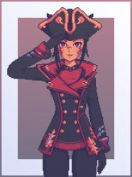 Rule 34 | 1girl, animal ears, black hair, bright pupils, cat ears, cowboy shot, facial mark, female focus, hat, isabeau, looking at viewer, outside border, pixel art, salute, simple background, smile, solo, standing, thigh gap, wannabepixels