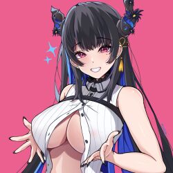 Rule 34 | 1girl, absurdres, asymmetrical horns, bare shoulders, black hair, black nails, blue hair, breasts, colored inner hair, coubalty, demon horns, grin, hair ornament, highres, hololive, hololive english, horns, large breasts, long hair, looking at viewer, mole, mole under eye, multicolored hair, nerissa ravencroft, nerissa ravencroft (1st costume), pink background, red eyes, smile, solo, two-tone hair, uneven horns, virtual youtuber