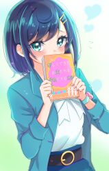 Rule 34 | 1girl, absurdres, belt, black belt, blazer, blue hair, blue jacket, blue skirt, blush, bob cut, book, casual, covering own mouth, delicious party precure, flying sweatdrops, fuwa kokone, green eyes, hair ornament, hairclip, heart, highres, holding, holding book, jacket, looking at viewer, precure, shirt, short hair, skirt, solo, sugimura mickey, translated, watch, white shirt, wristwatch