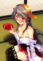 Rule 34 | 1girl, alcohol, bare shoulders, black hair, blush, boots, breasts, brown eyes, cleavage, cup, detached sleeves, hair between eyes, hair ornament, hairband, hairclip, haruna (kancolle), headgear, highres, holding, holding cup, indoors, japanese clothes, kantai collection, large breasts, long hair, looking at viewer, nontraditional miko, open mouth, petticoat, sitting, skirt, smile, solo, tatami, thigh boots, thighhighs, tsukui kachou, wariza