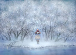 Rule 34 | 1girl, aila jyrkiainen, bare tree, blank eyes, covered mouth, forest, holding, looking at viewer, nature, original, poncho, puffy pants, red eyes, river, short hair, snow, snowball, solo, tree, water, winter