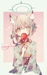 Rule 34 | 1girl, alternate costume, alternate hairstyle, animal ear fluff, animal ears, aqua eyes, blue archive, blue halo, blush, border, candy apple, commentary request, cross, cross hair ornament, extra ears, floral print kimono, folded ponytail, food, food in mouth, grey background, grey hair, grey kimono, hair between eyes, hair ornament, halo, highres, holding, holding food, inverted cross, japanese clothes, kasuga haruhi, kimono, long sleeves, mismatched pupils, outside border, print kimono, shiroko (blue archive), solo, upper body, white border, wide sleeves, wolf ears, wolf girl