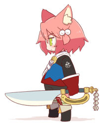 Rule 34 | 1girl, 7th dragon, 7th dragon (series), animal ear fluff, animal ears, belt, belt buckle, bike shorts, black footwear, black shorts, blue jacket, blush, boots, buckle, cat ears, fighter (7th dragon), from side, full body, gloves, green eyes, green thighhighs, hair between eyes, hair bobbles, hair ornament, harukara (7th dragon), highres, holding, holding sword, holding weapon, jacket, knee boots, looking away, naga u, one side up, pink hair, profile, red gloves, shadow, short shorts, shorts, solo, standing, striped clothes, striped thighhighs, sword, thighhighs, thighhighs under boots, weapon, white background, white belt