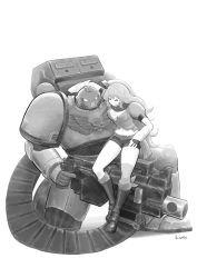 Rule 34 | 1boy, 1girl, adeptus astartes, ammunition backpack, ammunition belt, ammunition chute, armor, backpack, bag, bolter, breasts, cleavage, closed eyes, commission, crossover, ember celica (rwby), greyscale, grin, gun, highres, lutherniel, machine gun, monochrome, power armor, rwby, signature, size difference, smile, warhammer 40k, weapon, white background, yang xiao long